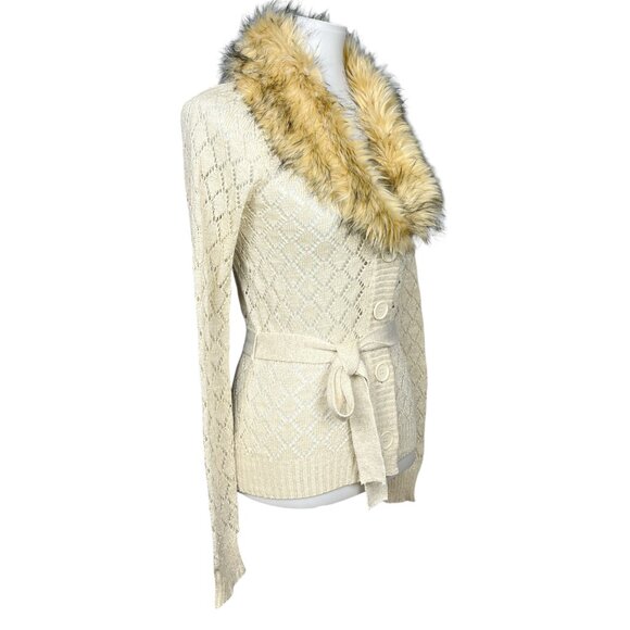 Vintage Y2K Fur Trim Cardigan Sweater Pointelle Knit Penny Lane Cream - Picture 3 of 13